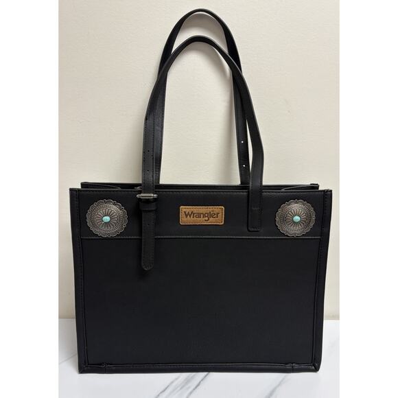 Wrangler Western Concho Tote Bag Black Faux Leather Turquoise NWT S-WG192-B119 - Picture 1 of 11